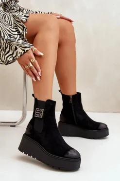 Outlet Ocieplane Botki Sztyblety Damskie Na Koturnie I Platformie Z Eko Zamszu Czarne Vinceza 58339 Damskie Botki Na Koturnie|Czarne Botki