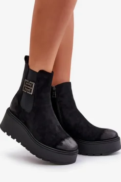 Outlet Ocieplane Botki Sztyblety Damskie Na Koturnie I Platformie Z Eko Zamszu Czarne Vinceza 58339 Damskie Botki Na Koturnie|Czarne Botki