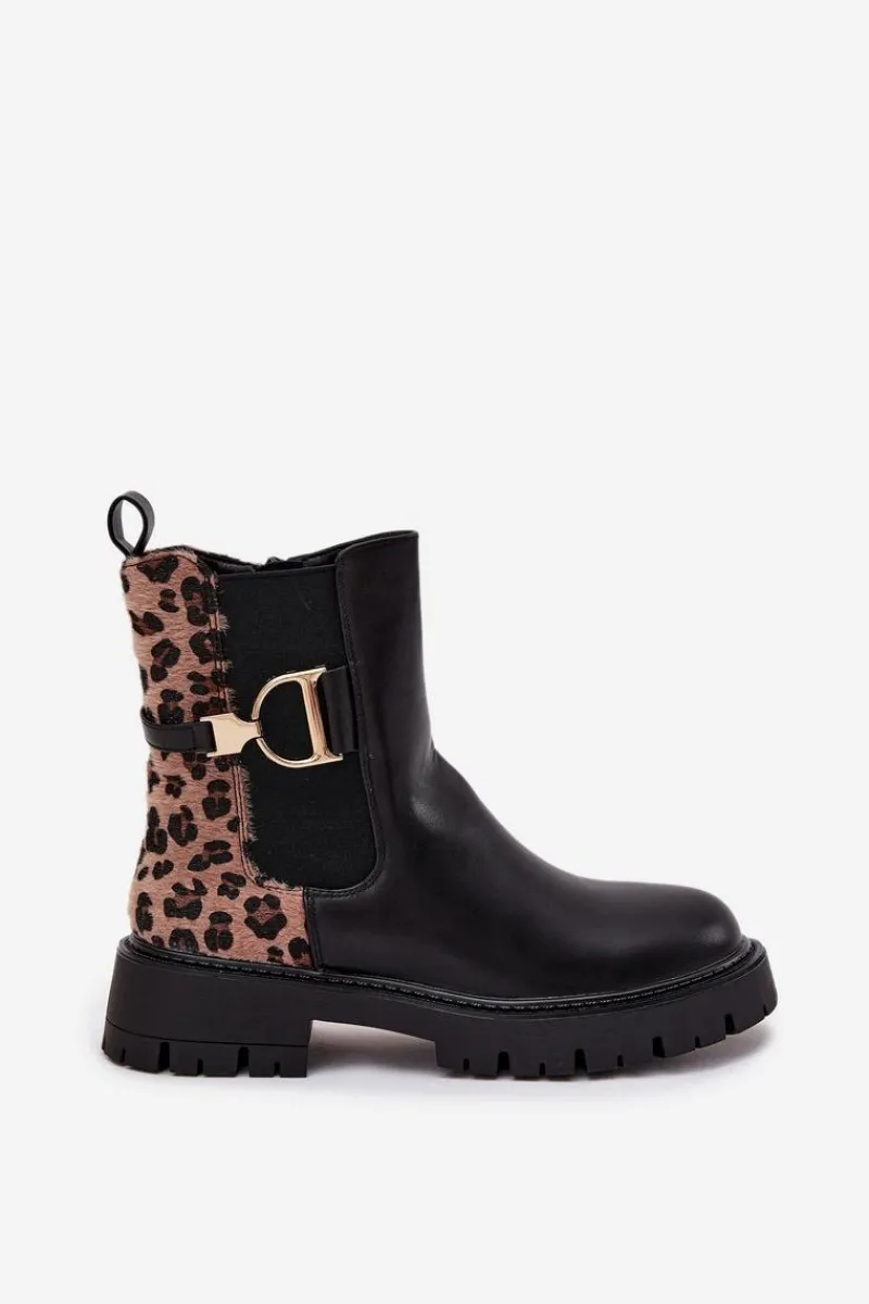 New Boto Ocieplane Botki Sztyblety Damskie Ze Złotym Detalem Panterka Czarne Priscilla Czarny