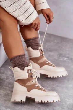 Online Ocieplane Botki Trapery Beżowo-Brązowe Settimo Damskie Damskie Trapery|Botki Sznurowane