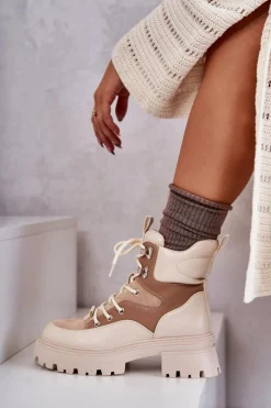 Online Ocieplane Botki Trapery Beżowo-Brązowe Settimo Damskie Damskie Trapery|Botki Sznurowane