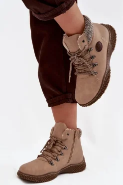 Hot Ocieplane Botki Trapery Damskie Beżowe Zenaya Damskie Damskie Trapery|Botki Sznurowane
