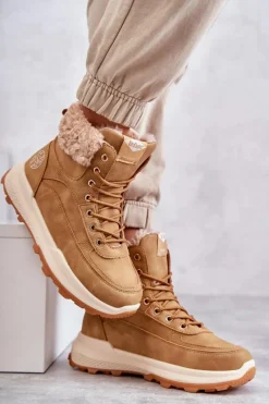 Discount Ocieplane Botki Trapery LCJ-22-44-1361L Beżowe Damskie Damskie Trapery|Botki Sznurowane