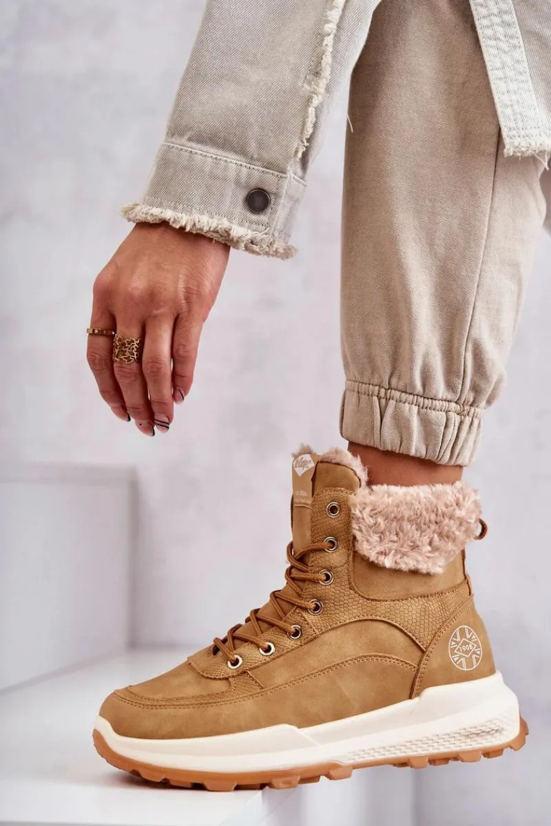 Discount Ocieplane Botki Trapery LCJ-22-44-1361L Beżowe Damskie Damskie Trapery|Botki Sznurowane