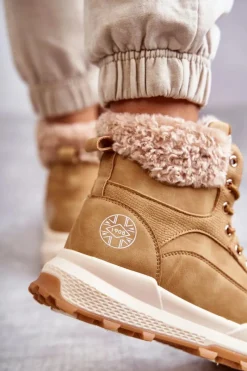 Discount Ocieplane Botki Trapery LCJ-22-44-1361L Beżowe Damskie Damskie Trapery|Botki Sznurowane