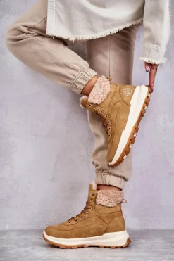 Discount Ocieplane Botki Trapery LCJ-22-44-1361L Beżowe Damskie Damskie Trapery|Botki Sznurowane