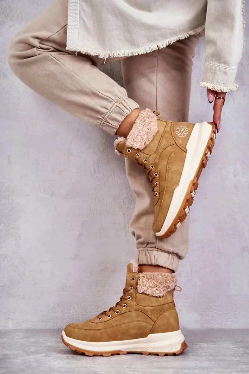 Discount Ocieplane Botki Trapery LCJ-22-44-1361L Beżowe Damskie Damskie Trapery|Botki Sznurowane