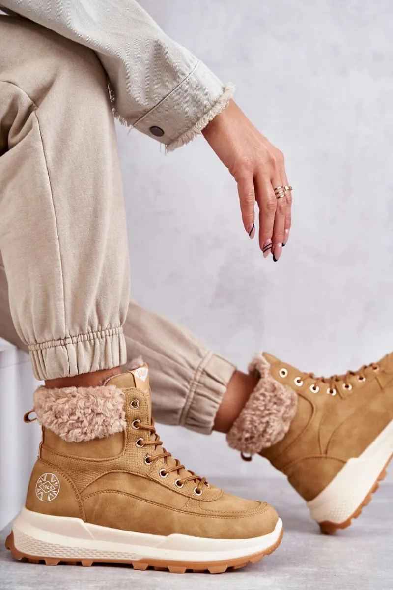 Discount Ocieplane Botki Trapery LCJ-22-44-1361L Beżowe Damskie Damskie Trapery|Botki Sznurowane