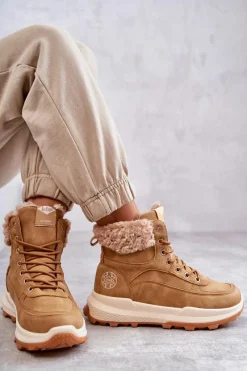 Discount Ocieplane Botki Trapery LCJ-22-44-1361L Beżowe Damskie Damskie Trapery|Botki Sznurowane