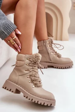 Botki Ocieplane|Damskie Trapery>Boto Ocieplane Botki Trapery Na Zamek Z Eko Skóry Beżowe Willatta Beżowy