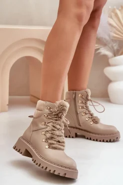 Botki Ocieplane|Damskie Trapery>Boto Ocieplane Botki Trapery Na Zamek Z Eko Skóry Beżowe Willatta Beżowy