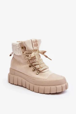 Damskie Trapery|Botki Zimowe Damskie>Boto Ocieplane Botki Trapery Na Grubej Podeszwie Jasnobeżowe Ralotta