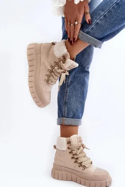 Damskie Trapery|Botki Zimowe Damskie>Boto Ocieplane Botki Trapery Na Grubej Podeszwie Jasnobeżowe Ralotta