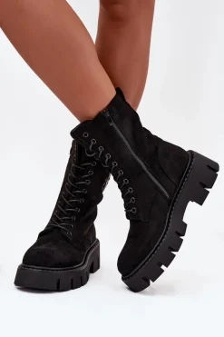 Outlet Ocieplane Botki Wokrery Damskie Z Ozdobą Czarne Melisse Damskie Botki Ocieplane|Botki Sznurowane