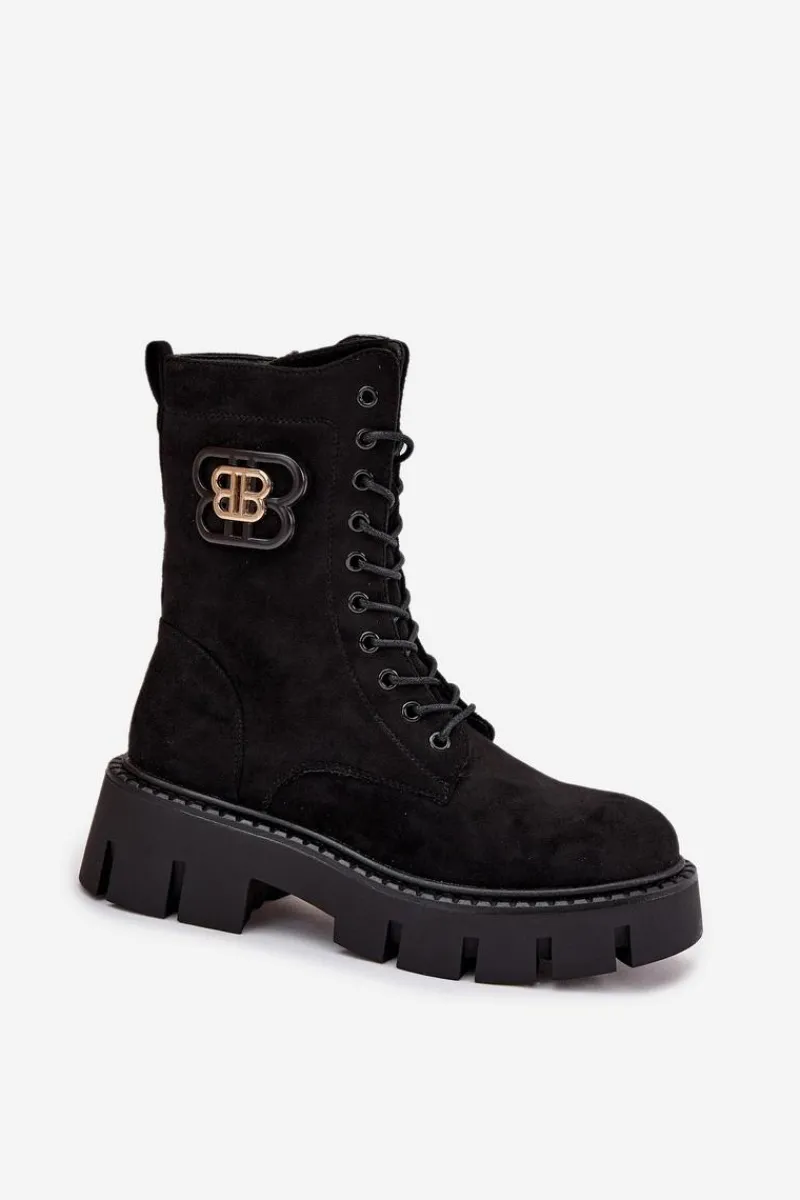 Outlet Ocieplane Botki Wokrery Damskie Z Ozdobą Czarne Melisse Damskie Botki Ocieplane|Botki Sznurowane