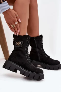 Outlet Ocieplane Botki Wokrery Damskie Z Ozdobą Czarne Melisse Damskie Botki Ocieplane|Botki Sznurowane