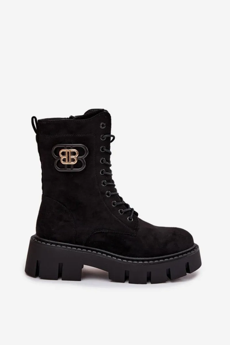 Outlet Ocieplane Botki Wokrery Damskie Z Ozdobą Czarne Melisse Damskie Botki Ocieplane|Botki Sznurowane