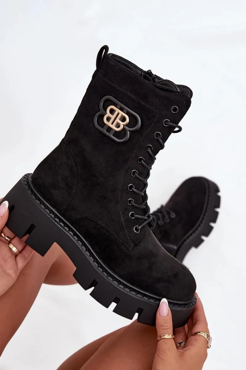 Outlet Ocieplane Botki Wokrery Damskie Z Ozdobą Czarne Melisse Damskie Botki Ocieplane|Botki Sznurowane