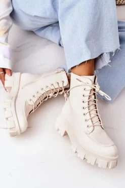 Clearance Ocieplane Botki Workery Beżowe World Is Mine Damskie Botki Sznurowane|Czarne Botki