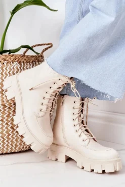 Clearance Ocieplane Botki Workery Beżowe World Is Mine Damskie Botki Sznurowane|Czarne Botki