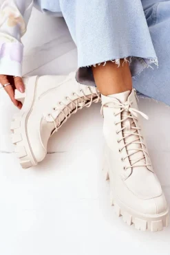 Clearance Ocieplane Botki Workery Beżowe World Is Mine Damskie Botki Sznurowane|Czarne Botki