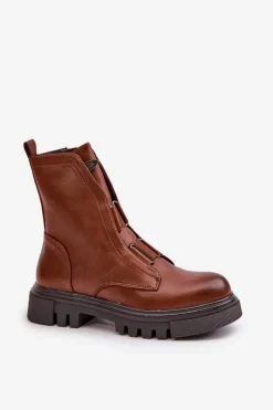 Ocieplane Botki Workery Damskie Na Zamek Eko Skórzane Brązowe Mailyra Damskie Botki Zimowe Damskie|Brązowe I Beżowe Botki