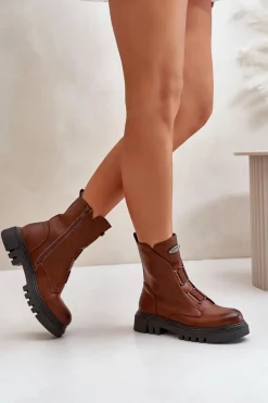 Ocieplane Botki Workery Damskie Na Zamek Eko Skórzane Brązowe Mailyra Damskie Botki Zimowe Damskie|Brązowe I Beżowe Botki