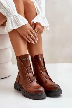 Ocieplane Botki Workery Damskie Na Zamek Eko Skórzane Brązowe Mailyra Damskie Botki Zimowe Damskie|Brązowe I Beżowe Botki