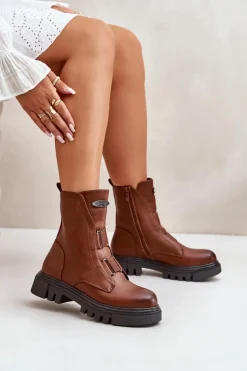 Ocieplane Botki Workery Damskie Na Zamek Eko Skórzane Brązowe Mailyra Damskie Botki Zimowe Damskie|Brązowe I Beżowe Botki