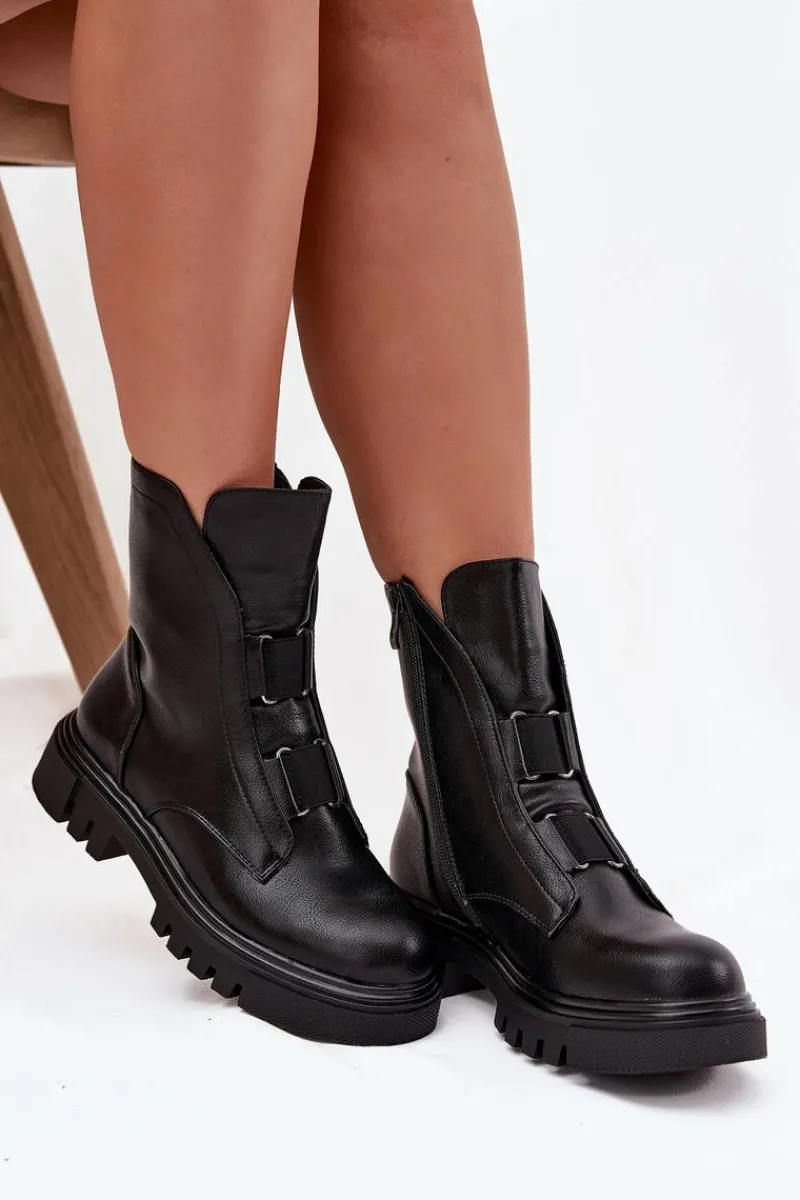 Botki Zimowe Damskie|Brązowe I Beżowe Botki>Boto Ocieplane Botki Workery Damskie Na Zamek Eko Skórzane Czarne Mailyra Czarny