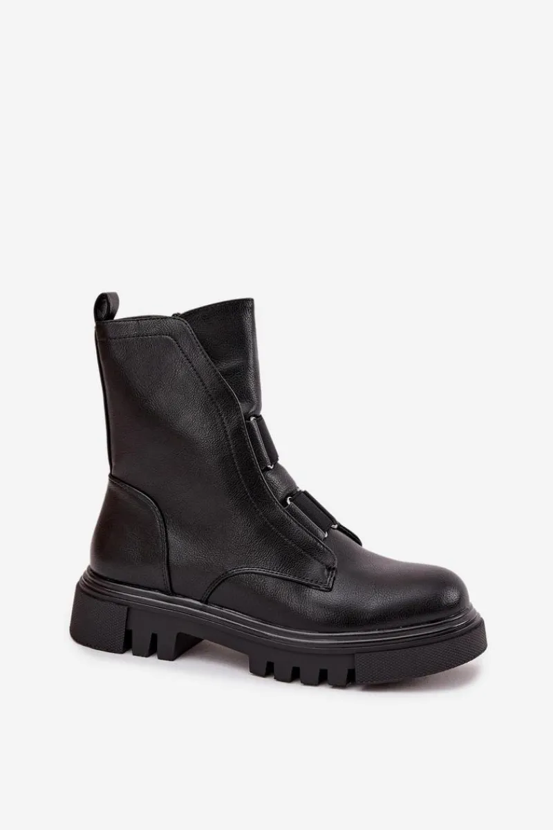 Botki Zimowe Damskie|Brązowe I Beżowe Botki>Boto Ocieplane Botki Workery Damskie Na Zamek Eko Skórzane Czarne Mailyra Czarny