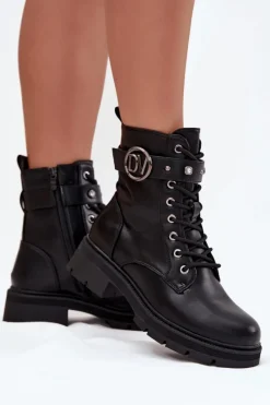 Outlet Ocieplane Botki Workery Damskie Z Ozdobnym Detalem Czarne Talyssa Damskie Botki Wiosenne|Botki Ocieplane