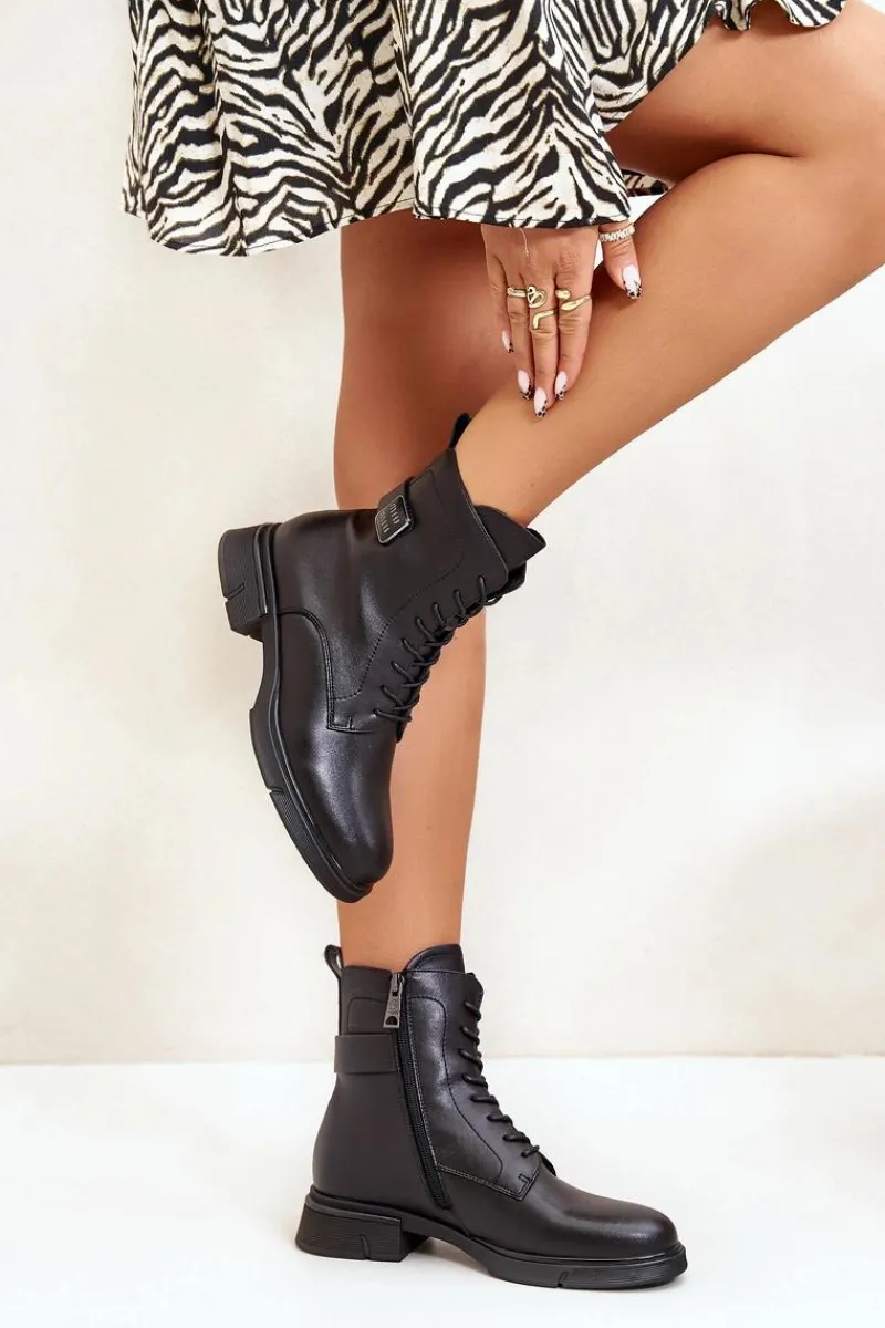 Botki Skórzane|Botki Sznurowane>Buty damskie Vinceza Ocieplane Botki Workery Damskie Skóra Naturalna Czarne Vinceza 66688