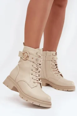 Sale Boto Ocieplane Botki Workery Damskie Z Ozdobnym Detalem Beżowe Talyssa