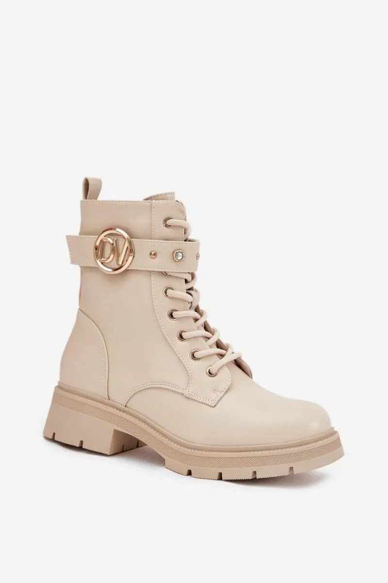 Sale Boto Ocieplane Botki Workery Damskie Z Ozdobnym Detalem Beżowe Talyssa