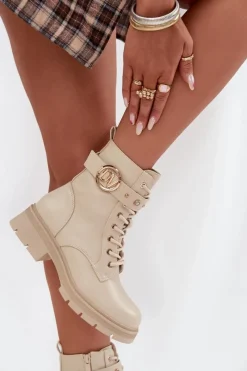 Sale Boto Ocieplane Botki Workery Damskie Z Ozdobnym Detalem Beżowe Talyssa