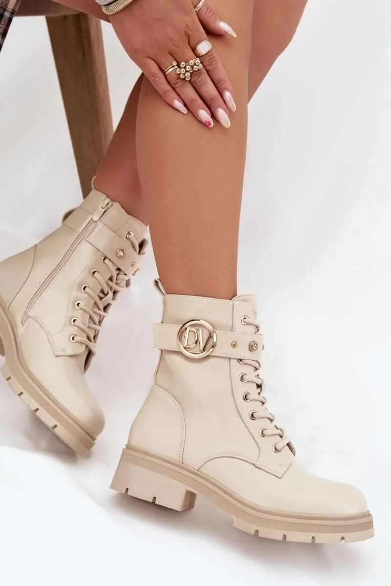 Sale Boto Ocieplane Botki Workery Damskie Z Ozdobnym Detalem Beżowe Talyssa