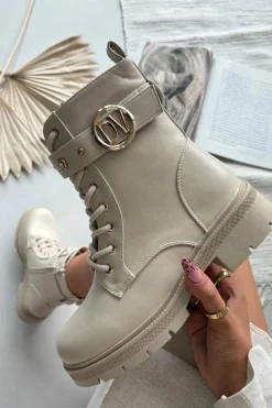 Sale Boto Ocieplane Botki Workery Damskie Z Ozdobnym Detalem Beżowe Talyssa