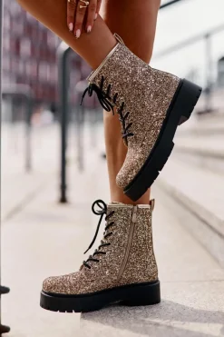 Clearance Ocieplane Botki Workery Damskie Ozdobione Cekinami Złote Liatheine Damskie Botki Sznurowane|Botki Płaskie