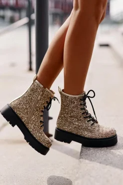 Clearance Ocieplane Botki Workery Damskie Ozdobione Cekinami Złote Liatheine Damskie Botki Sznurowane|Botki Płaskie