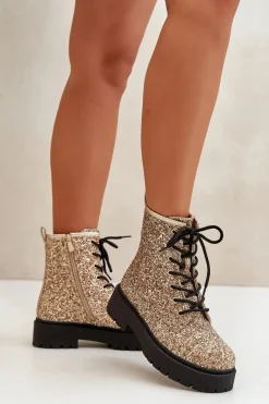 Clearance Ocieplane Botki Workery Damskie Ozdobione Cekinami Złote Liatheine Damskie Botki Sznurowane|Botki Płaskie