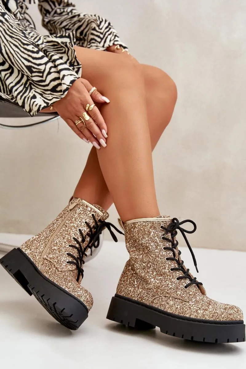 Clearance Ocieplane Botki Workery Damskie Ozdobione Cekinami Złote Liatheine Damskie Botki Sznurowane|Botki Płaskie