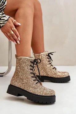 Clearance Ocieplane Botki Workery Damskie Ozdobione Cekinami Złote Liatheine Damskie Botki Sznurowane|Botki Płaskie