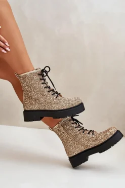 Clearance Ocieplane Botki Workery Damskie Ozdobione Cekinami Złote Liatheine Damskie Botki Sznurowane|Botki Płaskie