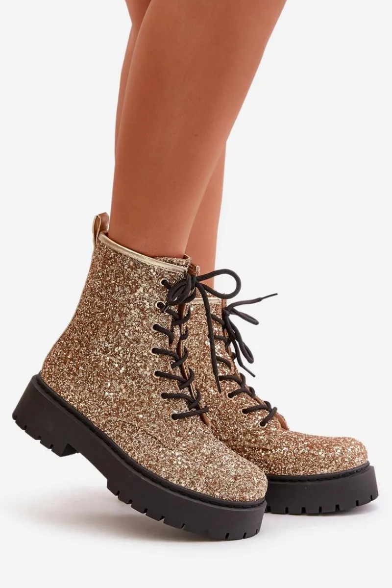 Clearance Ocieplane Botki Workery Damskie Ozdobione Cekinami Złote Liatheine Damskie Botki Sznurowane|Botki Płaskie