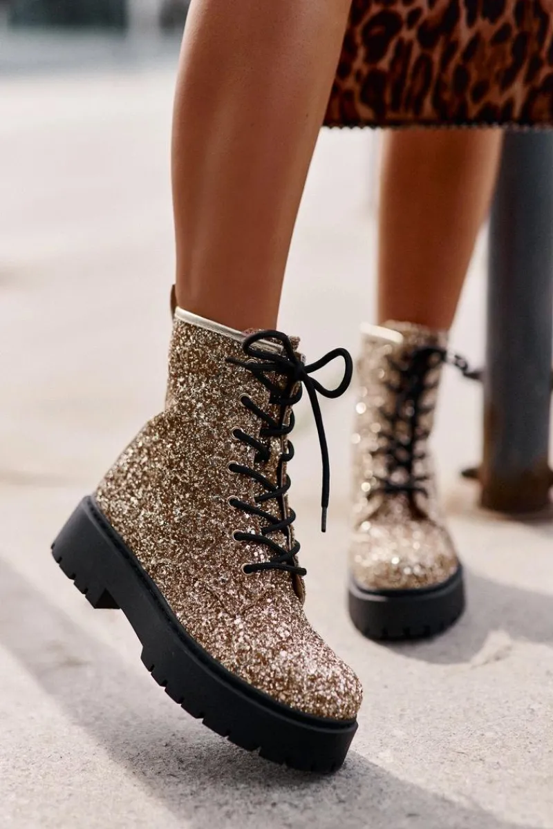 Clearance Ocieplane Botki Workery Damskie Ozdobione Cekinami Złote Liatheine Damskie Botki Sznurowane|Botki Płaskie