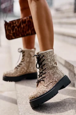 Clearance Ocieplane Botki Workery Damskie Ozdobione Cekinami Złote Liatheine Damskie Botki Sznurowane|Botki Płaskie