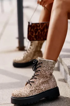Clearance Ocieplane Botki Workery Damskie Ozdobione Cekinami Złote Liatheine Damskie Botki Sznurowane|Botki Płaskie