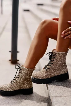 Clearance Ocieplane Botki Workery Damskie Ozdobione Cekinami Złote Liatheine Damskie Botki Sznurowane|Botki Płaskie