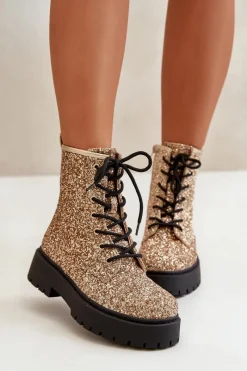 Clearance Ocieplane Botki Workery Damskie Ozdobione Cekinami Złote Liatheine Damskie Botki Sznurowane|Botki Płaskie